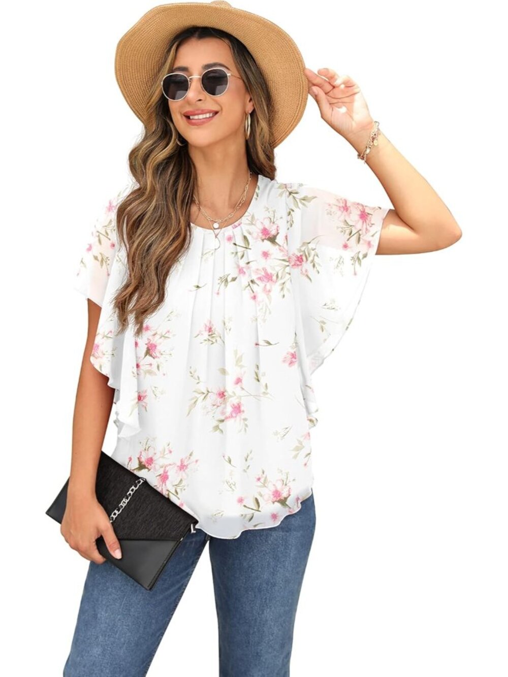 Women's Summer Casual Blouses Peach White Loose Round Neck Chiffon Flowy Tops - Picture 5 of 6
